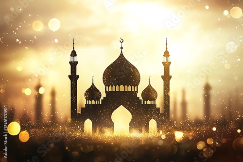 festive eid fitr banner with mosque and sunrise