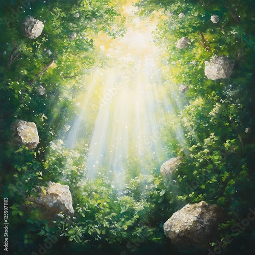 Sunlit Forest Glade with Floating Stones a Whimsical Natural Sanctuary of Tranquility and Peace photo