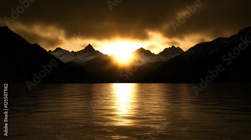 Sunset Glow on Mountain Lake Reflection Serene Evening Landscape Tranquil Golden Hour Atmosphere photo