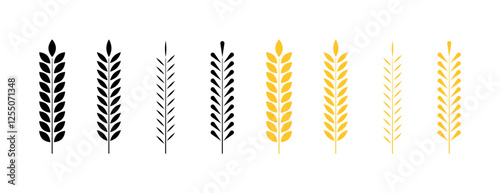 The ear of wheat set icons. Silhouette, linear and flat style. Vector icons.