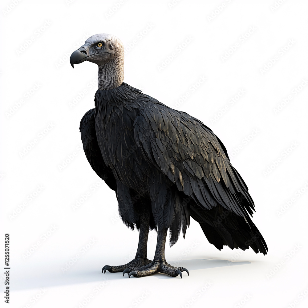 Obraz premium A large, dark vulture with a bald head stands against a bright white background.