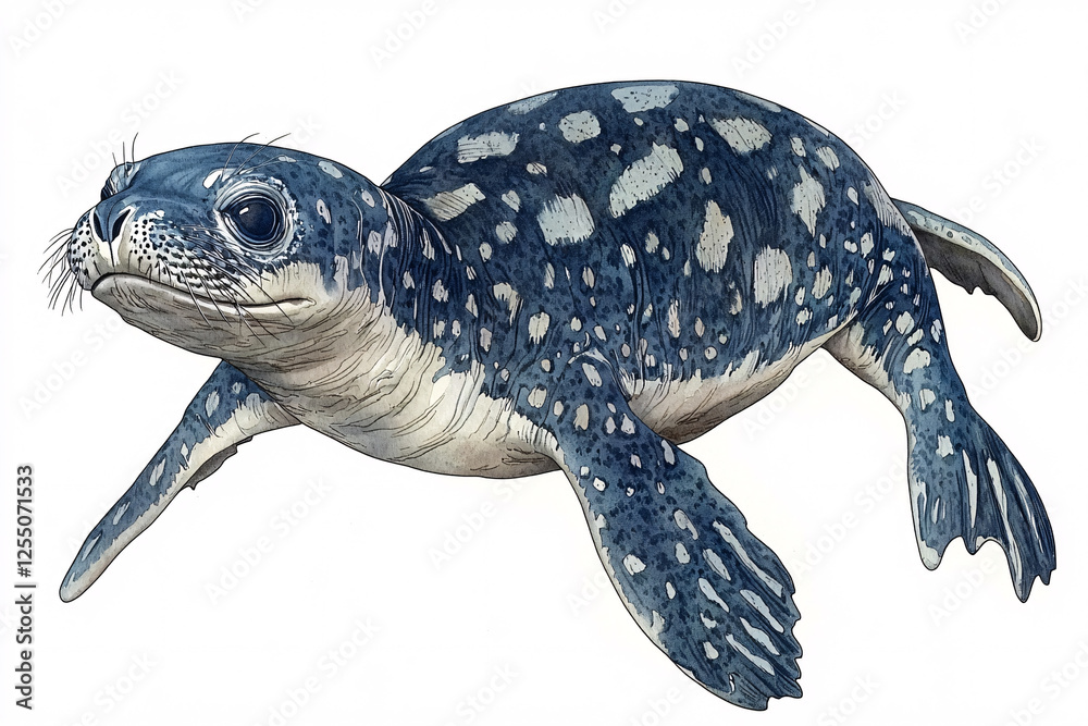 Fototapeta premium Watercolor illustration of a spotted seal pup, showcasing its sleek form and playful, inquisitive expression against a plain background.