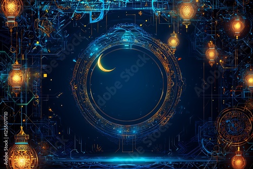 futuristic style of islamic banner with moon and stars and lantern