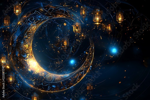 futuristic style of islamic banner with moon and stars and lantern