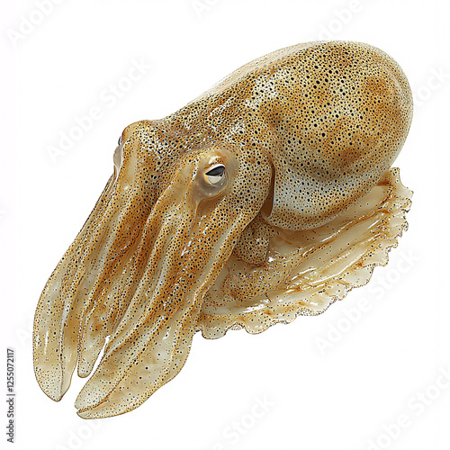 Close-up of a cuttlefish with textured skin and distinctive tentacles, isolated against a bright white background.