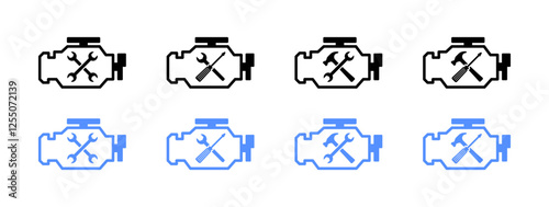 Engine repair set icons. Silhouette and flat style. Vector icons.