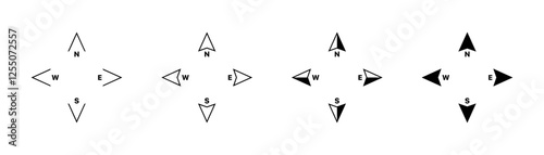 Route navigation set icons. Compass icons. Linear and silhouette style. Vector icons.