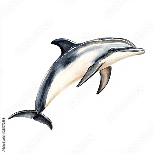Wallpaper Mural Watercolor illustration of a striped dolphin leaping on a white background, showing graceful curves and sleek coloration. Torontodigital.ca