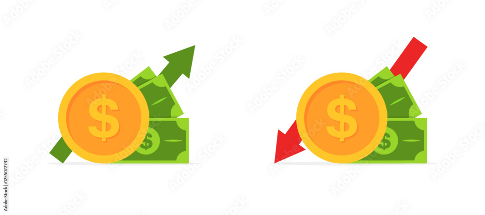 Money success and failure trading icons. Flat style. Vector icons. Money success and failure trading icons. Flat style. Vector icons.