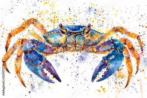 Watercolor crab painting, featuring vibrant blues, oranges, and yellows, with a splattered, artistic touch on a white background. photo