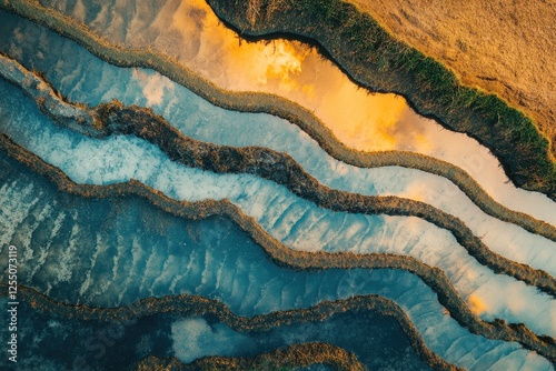 Drone shot of a rice paddy field with intricate terraces reflecting the sky