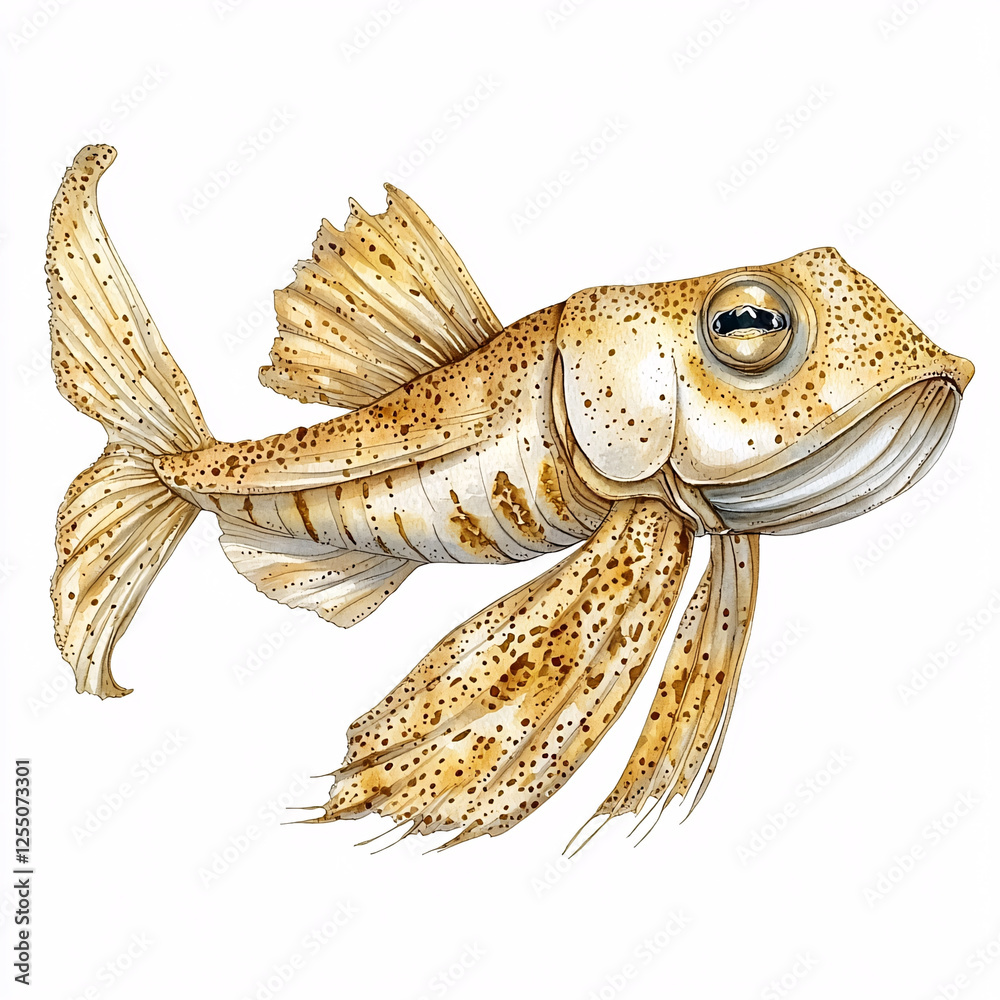 Fototapeta premium Detailed watercolor painting of a beige, spotted fish with large fins, expressive eyes, and a distinctive flattened head.