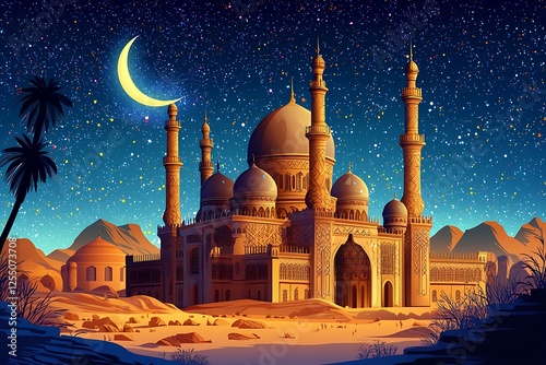 masjetic mosque with detailed domes on a desert in a ramadan night