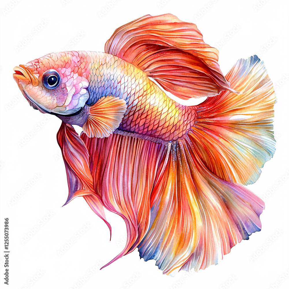 Fototapeta premium Watercolor painting of a vibrant betta fish, displaying flowing fins and scales with a mix of red, orange, yellow and blue.