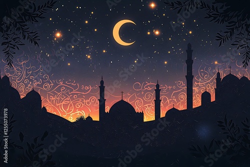 minimalist illustration of ramadhan night with silhouete of mosque and stars and moon