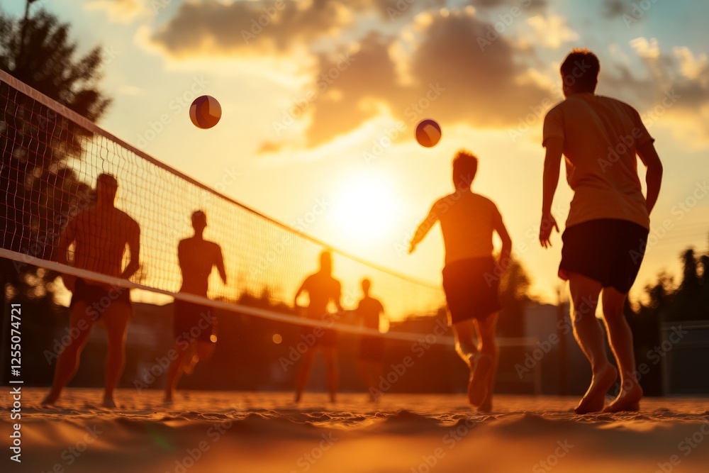 Fototapeta premium Exciting beach volleyball game takes place at sunset with players in silhouette