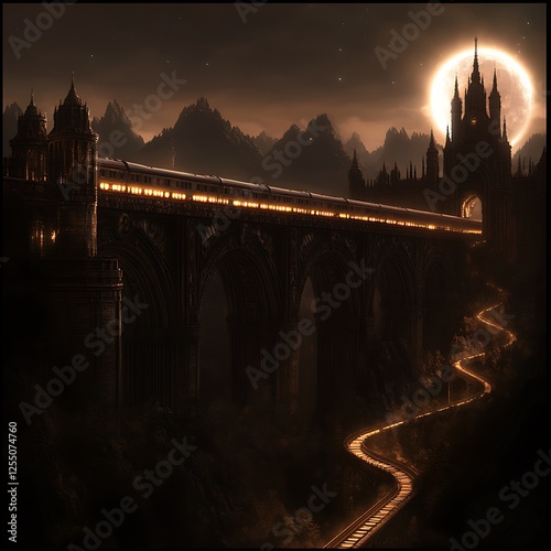 Train Crossing Ornate Gothic Bridge Under Full Moon Night Sky Fantasy Landscape Artwork photo