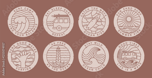 Retro minimalist summer surf badge with line illustration, text. Cute surfing camp sticker, t short, card design vector template