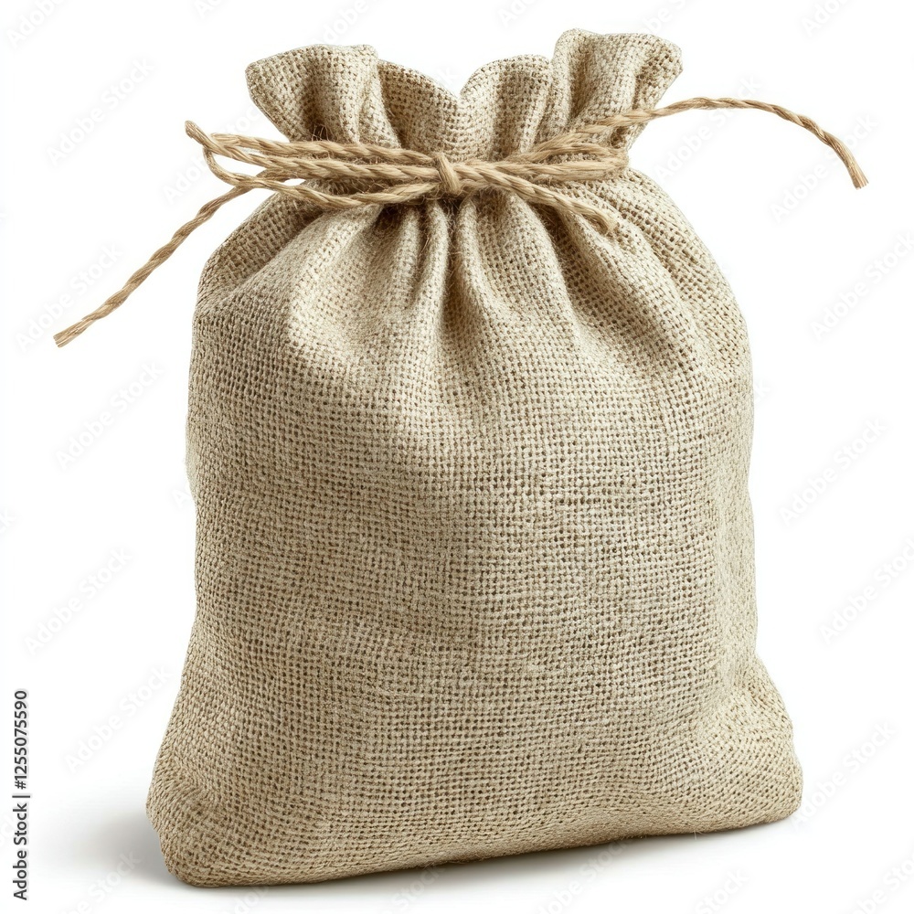 Burlap sack tied with twine, white background, rustic packaging Burlap sack tied with twine, white background, rustic packaging