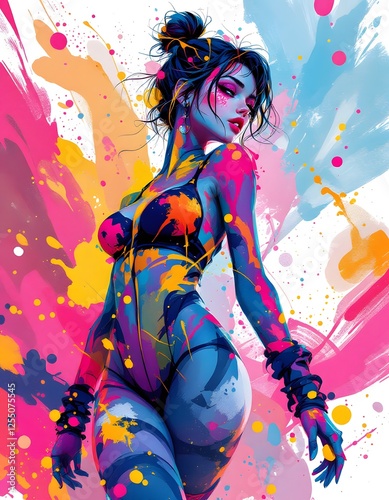 Colorful Woman Paint Splatter Body Art Digital Painting