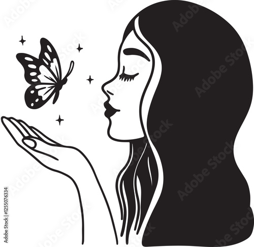 A butterfly landed on the hand of a beautiful girl