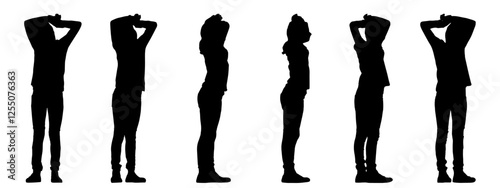 Vector concept conceptual black silhouette of a little girl from different perspectives isolated on white background. A metaphor for fun, carefree and relaxation, natural, playing and childhood