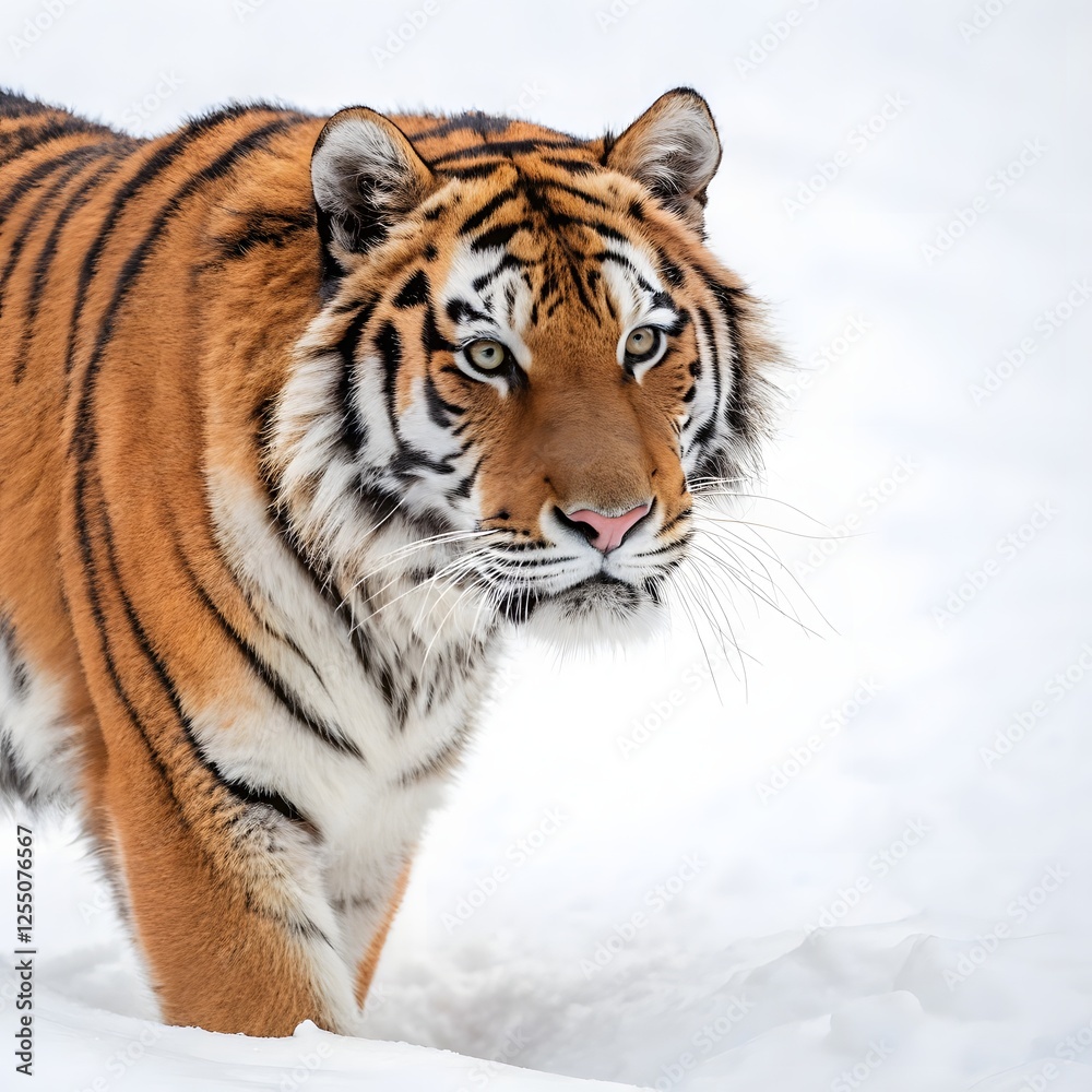 Fototapeta premium A dynamic and powerful image of a majestic Siberian tiger running through deep snow