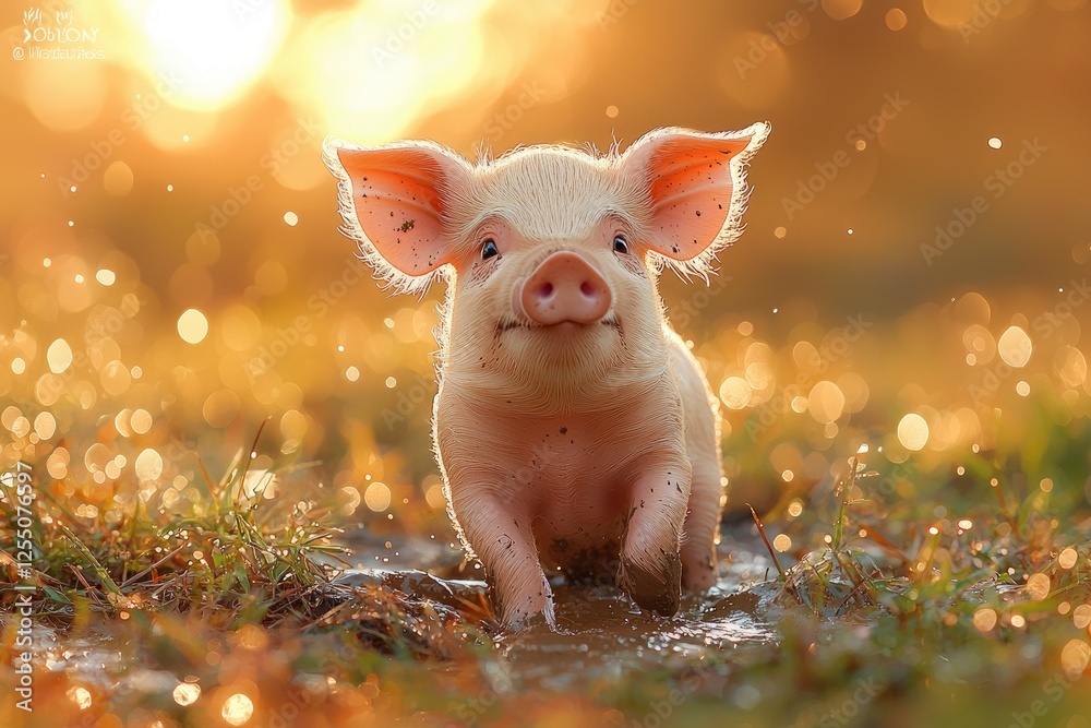 Naklejka premium Adorable Piglet Playing in Golden Sunset Light