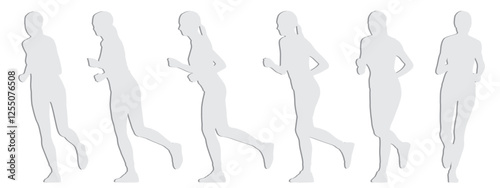 Vector concept conceptual gray paper cut silhouette of a women running from different  perspectives isolated on white. A metaphor for sport , fitness, motivation, health, energy and lifestyle