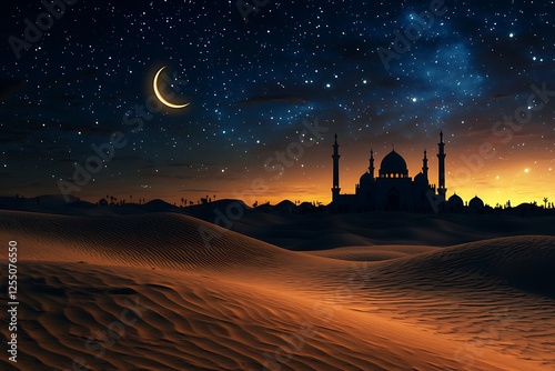 vast desert scene at night with a star studded sky and silhouette of a mosque