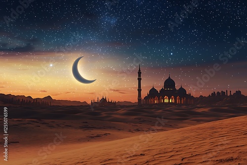 vast desert scene at night with a star studded sky and silhouette of a mosque