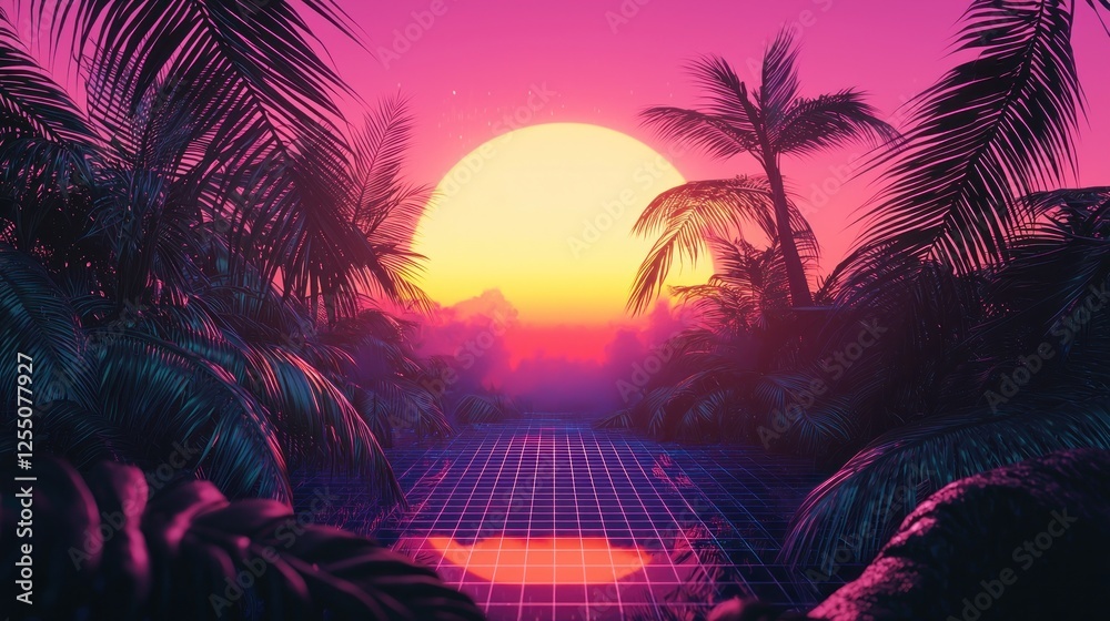 Fototapeta premium Retro 80s Synthwave Gradient with Bold Neon Colors and Retro Grids
