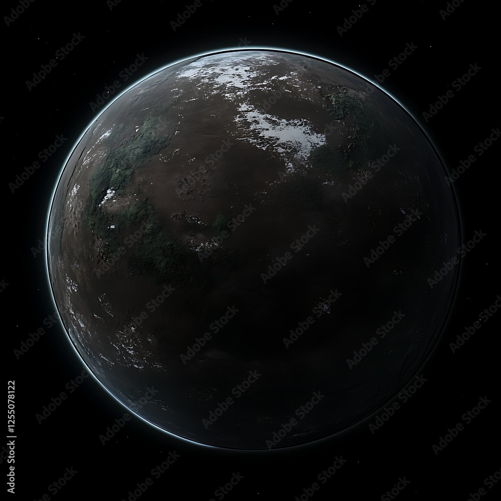 Fototapeta premium Unexplored Planet With Dark Landmasses and Icy Surfaces Displayed in a Dark Cosmic Void Landscape