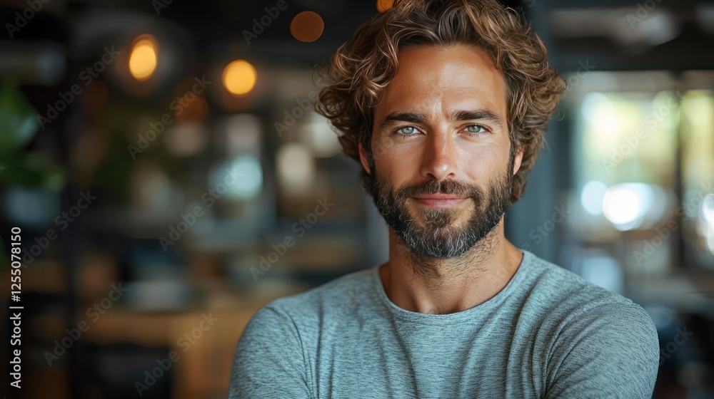 Confident Gaze: A man with a charmingly rugged beard and curly hair gazes confidently at the camera, a captivating portrait that evokes a sense of self-assurance and warmth. Confident Gaze: A man with a charmingly rugged beard and curly hair gazes confidently at the camera, a captivating portrait that evokes a sense of self-assurance and warmth.