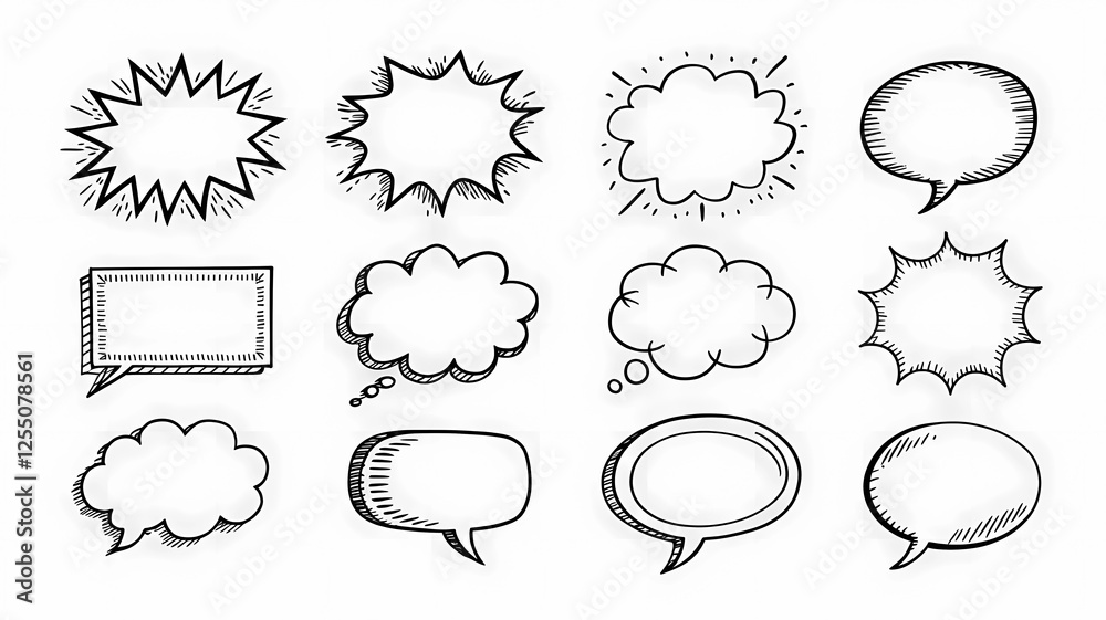Fototapeta premium Collection of Hand-Drawn Speech and Thought Bubbles Featuring Various Styles and Designs