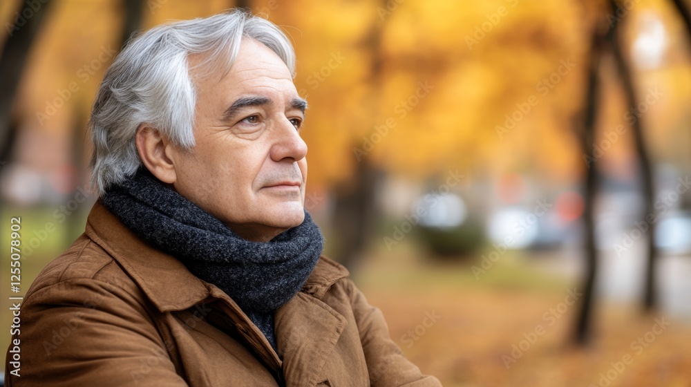 Contemplative Senior Man In Park during Autumn Scenic Background, Wearing Brown Jacket Contemplative Senior Man In Park during Autumn Scenic Background, Wearing Brown Jacket