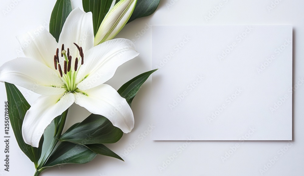Obraz premium White lily flower with blank card.