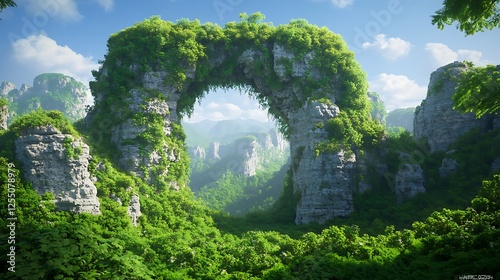 Verdant Archway in Mountainous Region With Lush Greenery Under a Bright Cloudy Sky