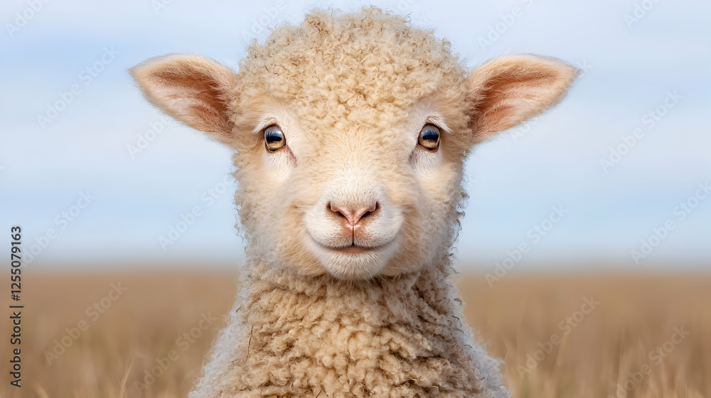 Cute lamb portrait, field background, spring pasture Cute lamb portrait, field background, spring pasture