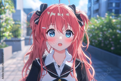 Anime Girl with Coral-Pink Hair in Sailor Uniform Surprised on City Street