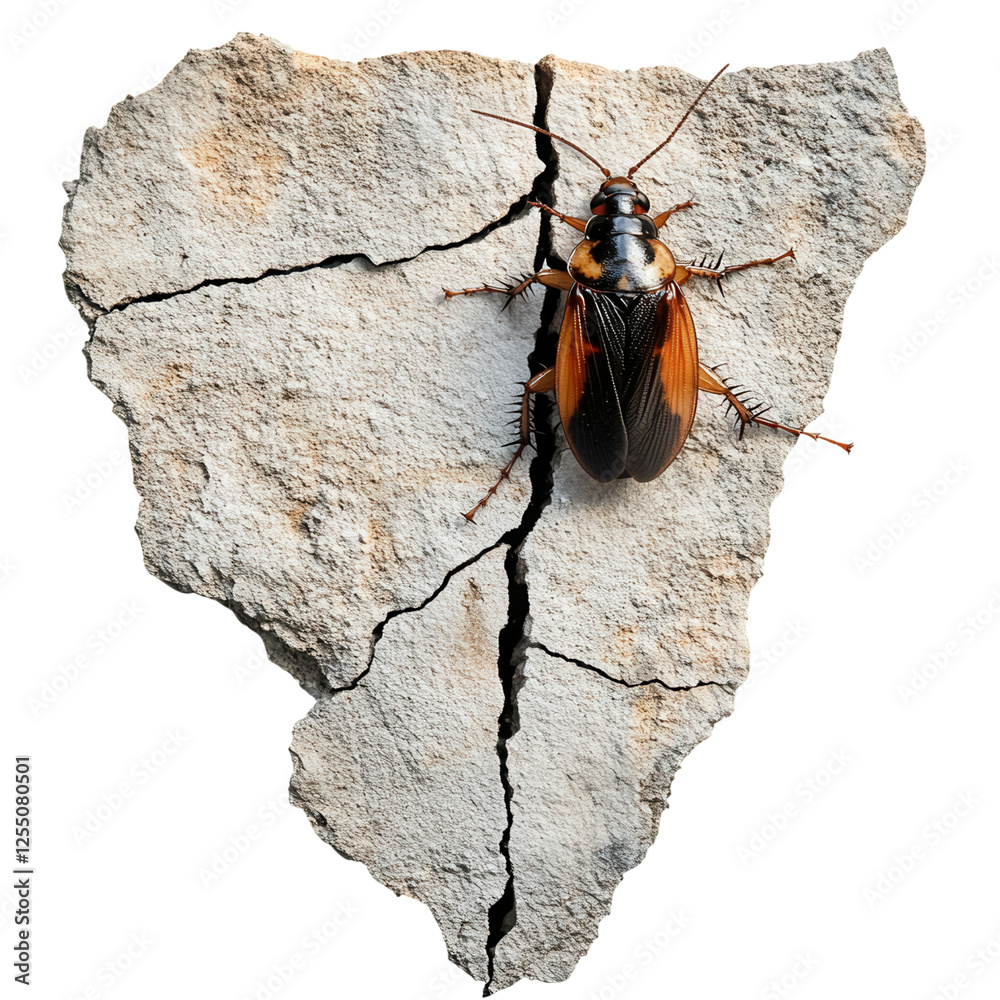 Cockroach Intrusion, A detailed depiction of a cockroach entering a small crack, transparent background for versatile use in digital projects