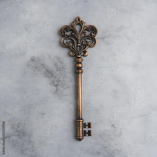 Vintage Ornate Key Against Gray Marble Surface Background Still Life Studio Composition photo