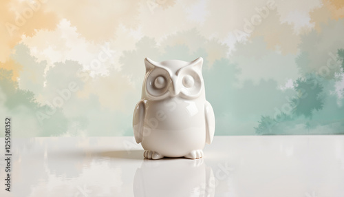 Elegant porcelain owl figurine resting on a reflective surface against a soft, pastel-colored background depicting a serene natural setting