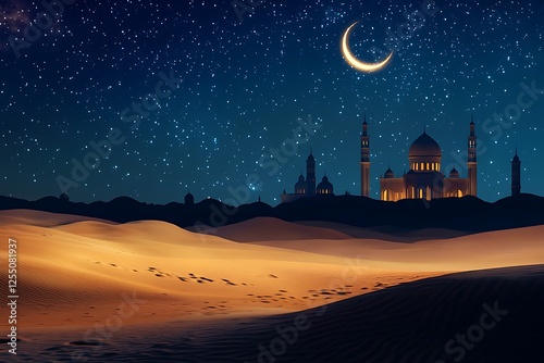 vast desert scene at night with a star studded sky and silhouette of a mosque