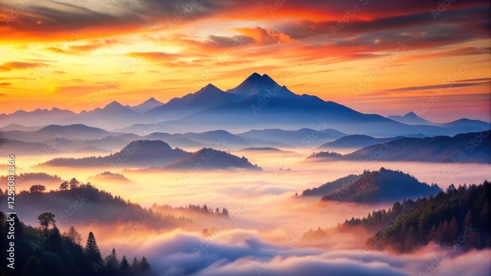 Obraz premium Serene Sunrise Over Misty Mountain Ranges, Illuminating a Picturesque Landscape of Rolling Hills and Verdant Forests