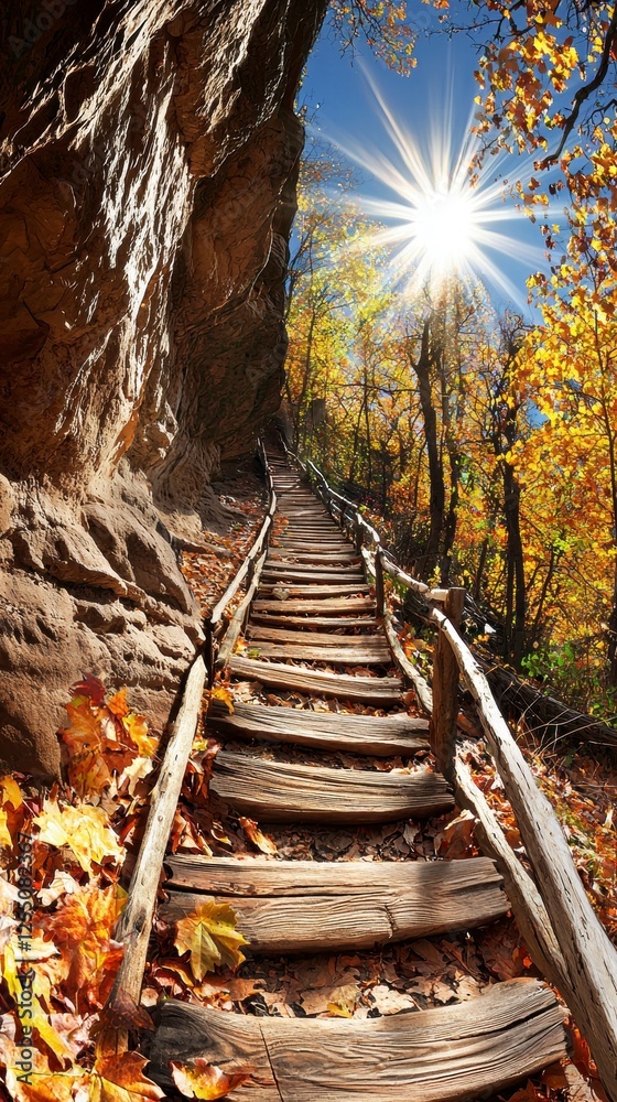 Naklejka premium Bridge over the river with a canoe, surrounded by mountains, forest, and a scenic path