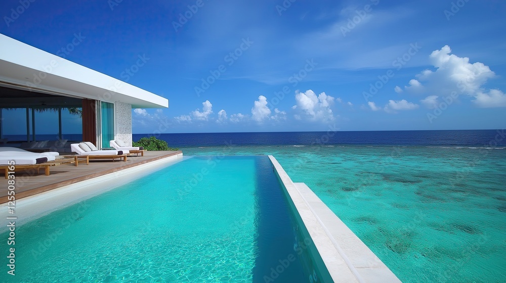 Fototapeta premium The image shows a beautiful modern luxury villa with a stunning view of the ocean. The villa is located on a sandy beach with crystal clear blue water and white sand. The sky is a beautiful