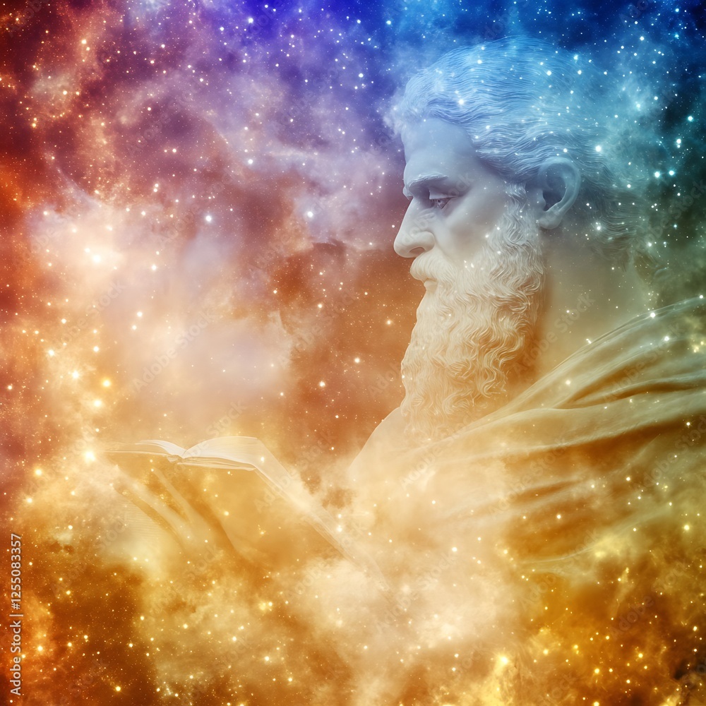 Obraz premium Wise Sage Reading in Celestial Realm With Sparkling Stars and Nebula Against Cosmic Night Sky Backdrop