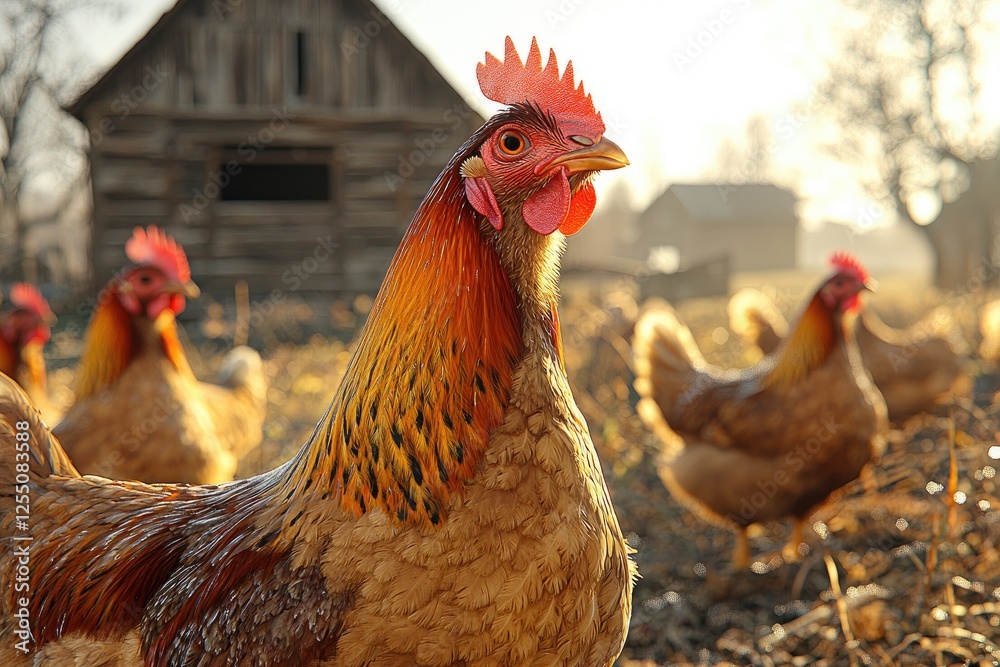 Fototapeta premium Golden Rooster Among Hens Near Rustic Barn