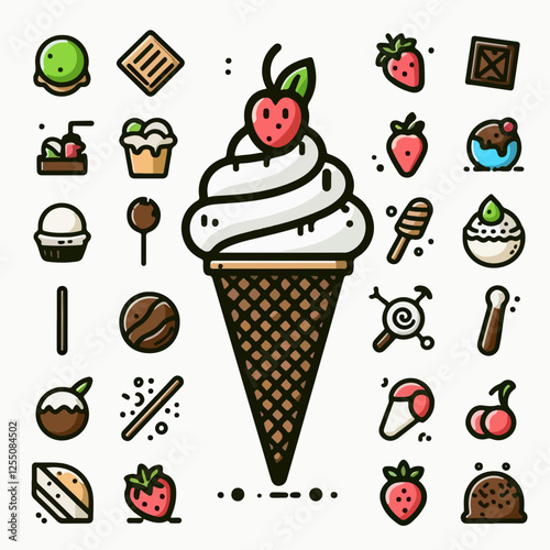 Ice Cream Cone Icon: An outline illustration of a classic ice cream cone topped with a swirl of vanilla ice cream, a fresh strawberry, and a green leaf.